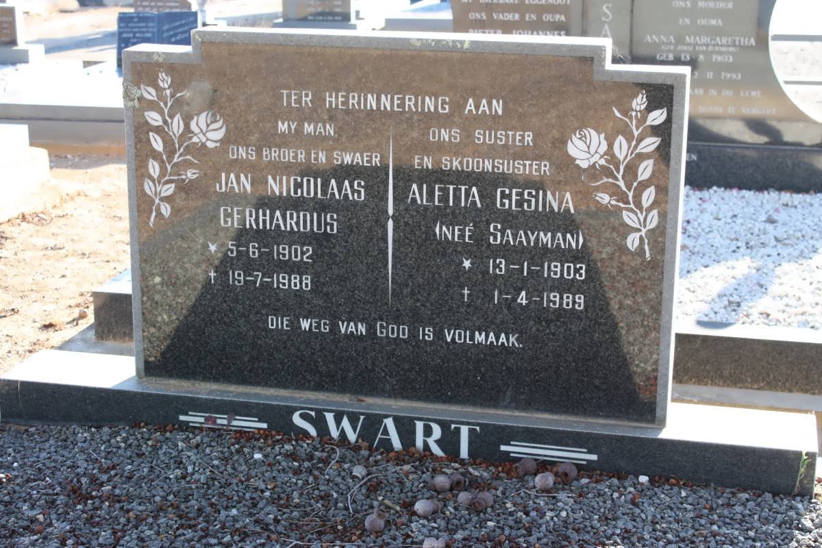SWART Jan Nicolaas Gerhardus 1902-1988 &amp; Aletta Gesina SAAYMAN 1903-1989