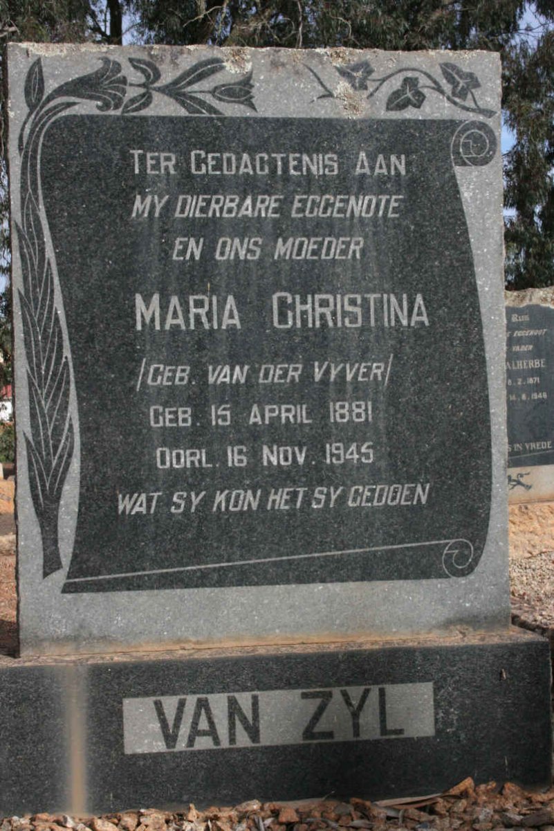 ZYL Maria Christina, van neé VAN DER VYVER 1881-1945