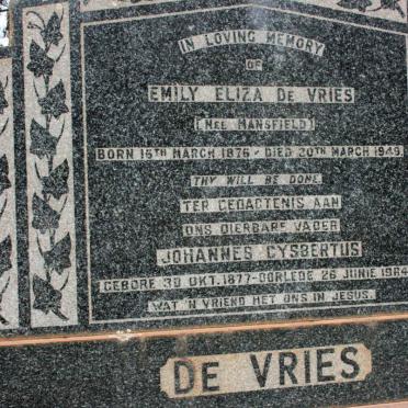 VRIES Johannes Gysbertus, de 1877-1964 &amp; Emily Eliza MANSFIELD 1876-1949
