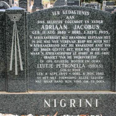 NIGRINI Adriaan Jacobus 1880-1955 &amp; Leutje Petronella LE ROUX formerly STOLS 1895-1987