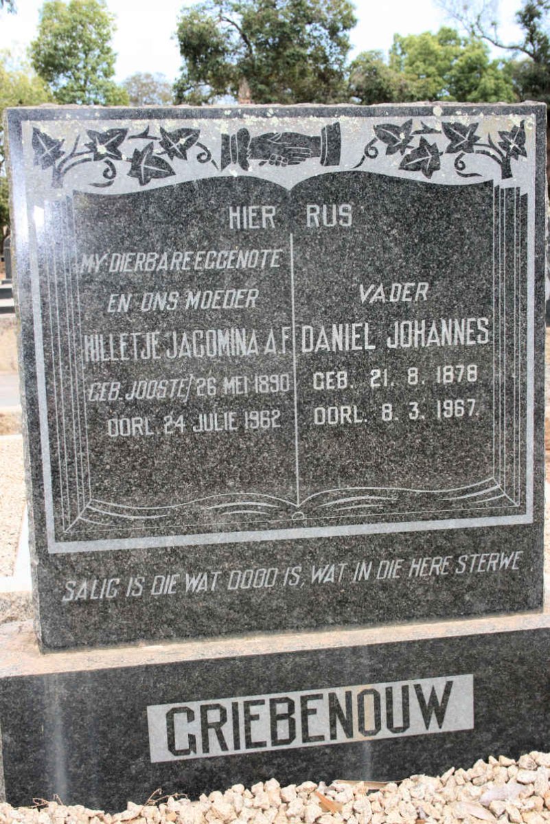 GRIEBENOUW Daniel Johannes 1878-1967 &amp; Hilletje Jacomina A. F. JOOSTE 1890-1962
