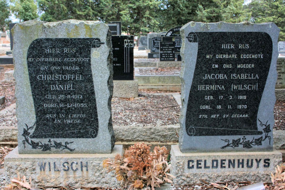 WILSCH Christoffel Daniel 1912-1955 :: GELDENHUYS Jacoba Isabella Hermina neé WILSCH 1919-1970
