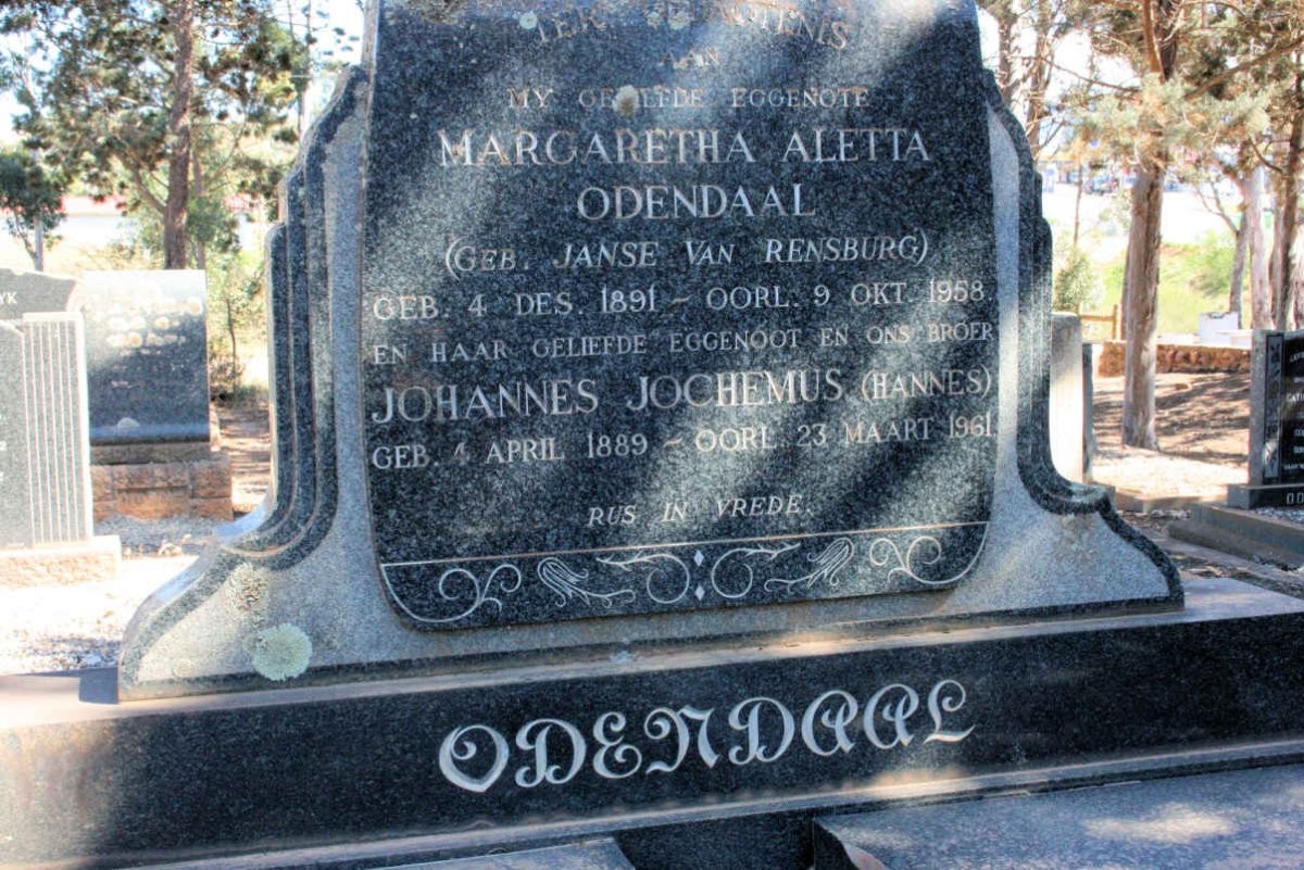 ODENDAAL Johannes Jochemus 1889-1961 &amp; Margaretha Aletta JANSE VAN RENSBURG 1891-1958