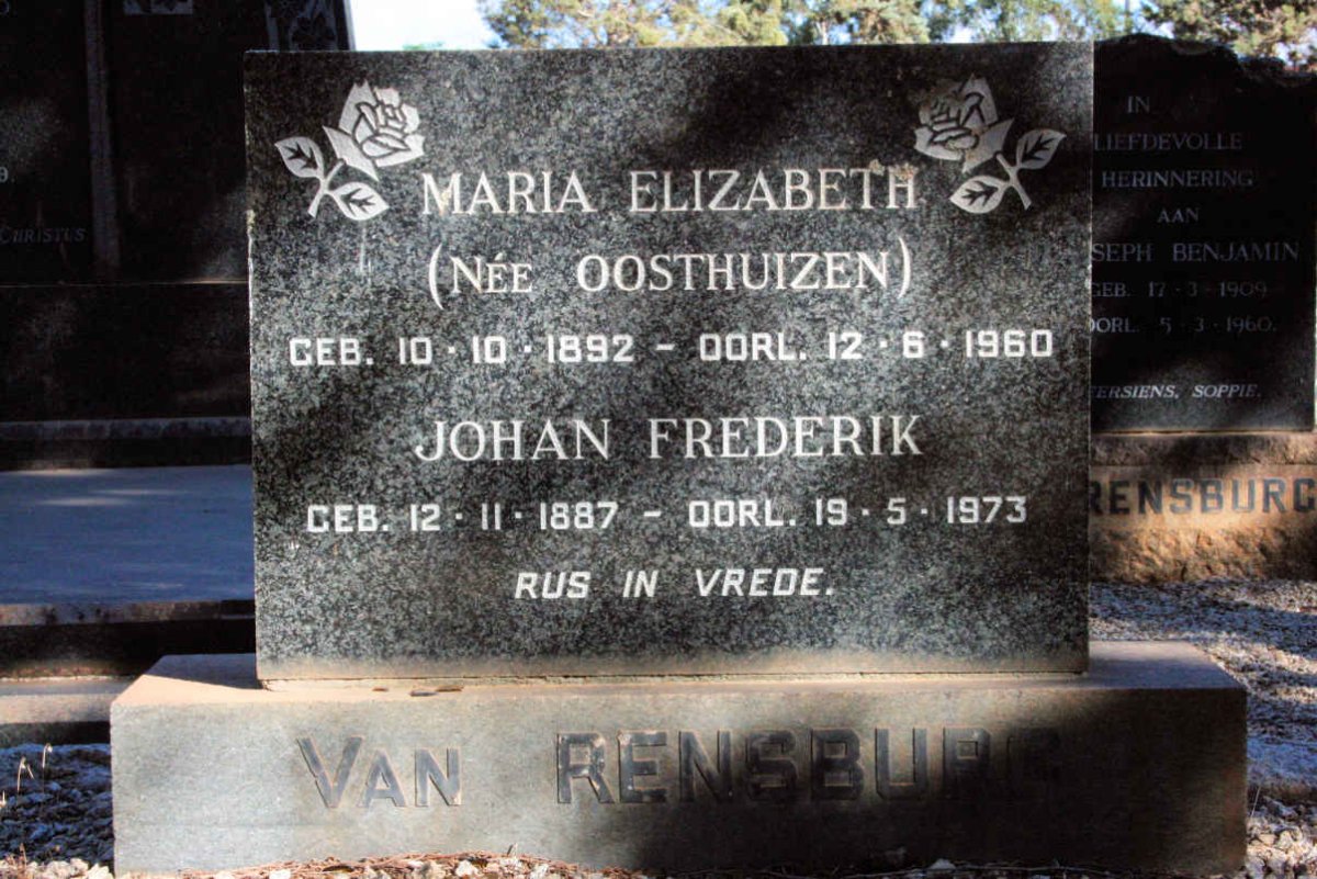 RENSBURG Johan Frederik, van 1887-1973 &amp; Maria Elzabeth OOSTHUIZEN 1892-1960