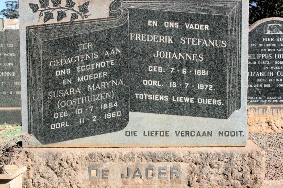 JAGER Frederik Stefanus Johannes, de 1881-1972 &amp; Susara Maryna OOSTHUIZEN 1880-1960