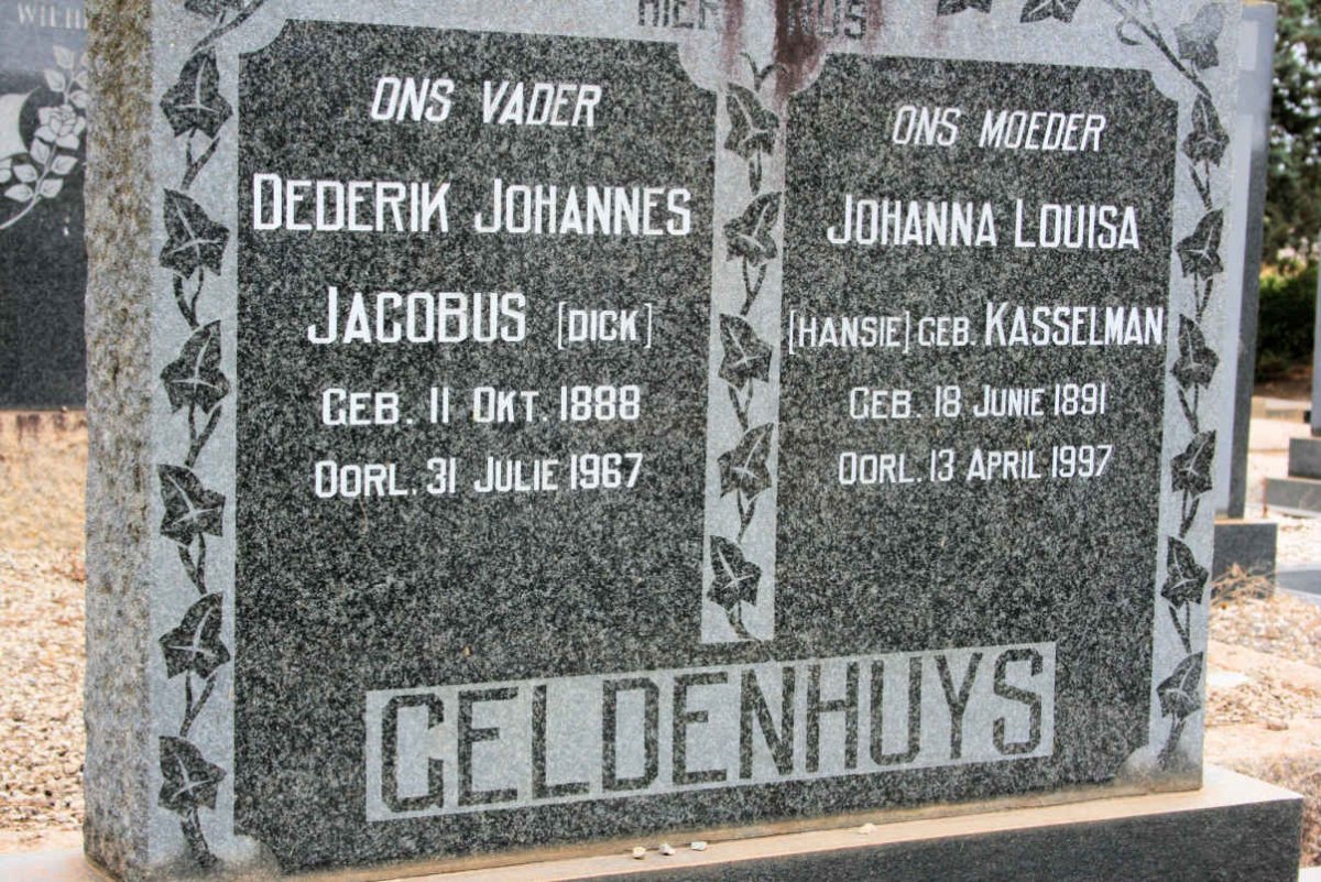 GELDENHUYS Dederik Johannes Jacobus 1888-1967 &amp; Johanna Louisa KASSELMAN 1891-1997