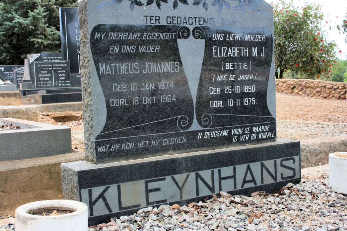 KLEYNHANS Mattheus Johannes 1874-1964 &amp; Elizabeth M.J. DE JAGER 1890-1975