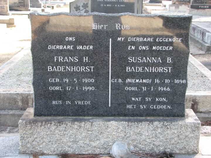 BADENHORST Frans. H. 1900-1990 &amp; Susanna B. NIEMAND 1898-1966