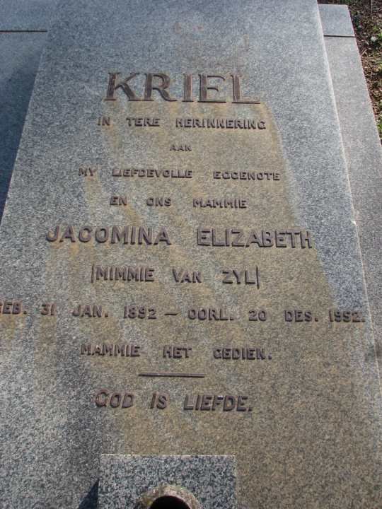 KRIEL Jacomina Elizabeth nee VAN ZYL 1892-1952
