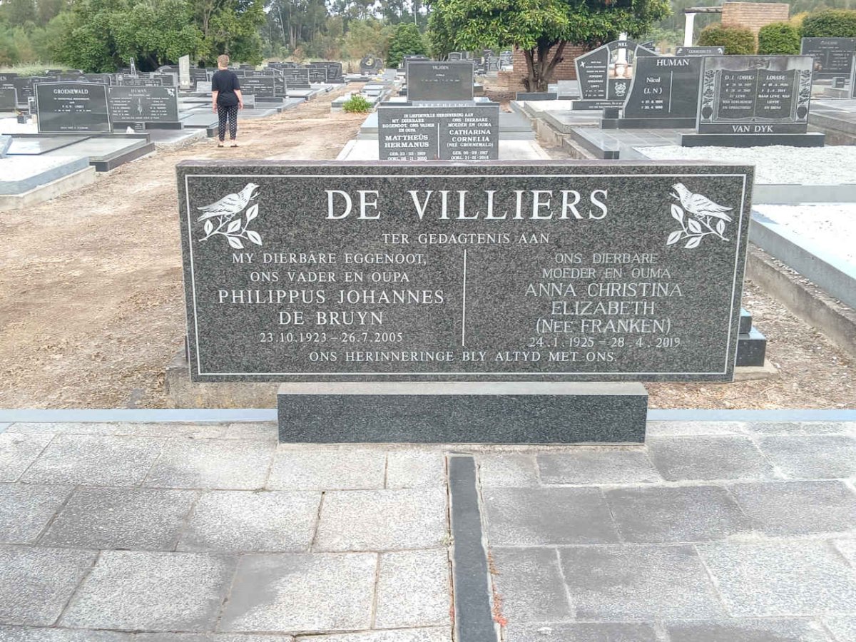 VILLIERS Philippus Johannes de Bruyn, de 1923-2005 &amp; Anna Christina Elizabeth FRANKEN 1925-2019