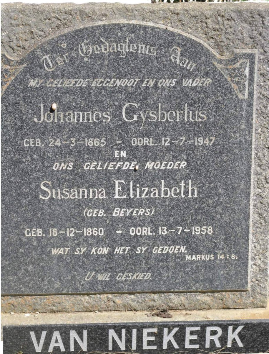 NIEKERK Johannes Gysbertus, van 1865-1947 &amp; Susanna Elizabeth BEYERS 1860-1958