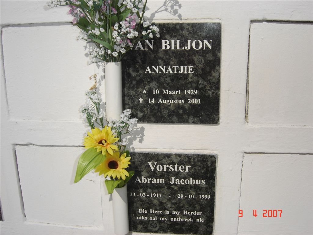 BILJON Annatjie, van 1929-2001 :: VORSTER Abram Jacobus 1917-1999