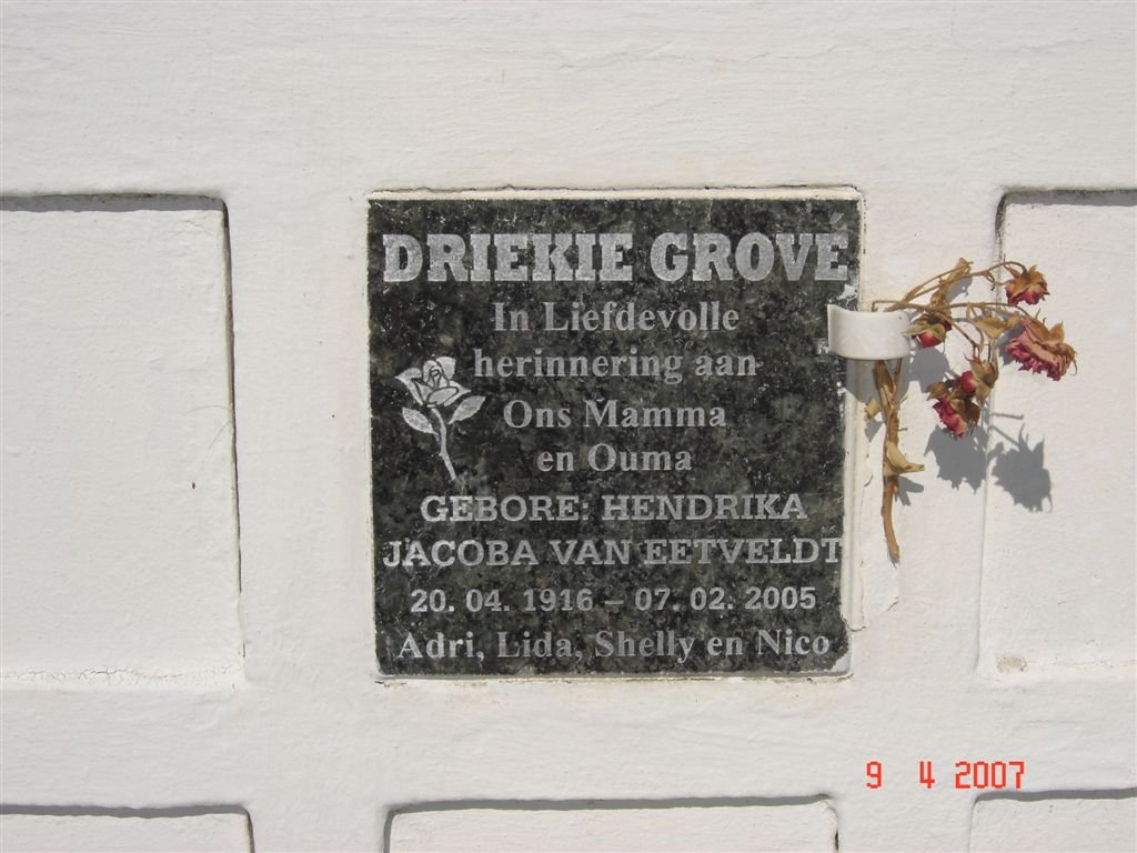 GROVE Hendrika Jacoba nee VAN EETVELDT 1916-2005