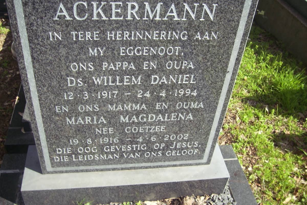 ACKERMANN Willem Daniel 1917-1994 &amp; Maria Magdalena COETZEE 1916-2002
