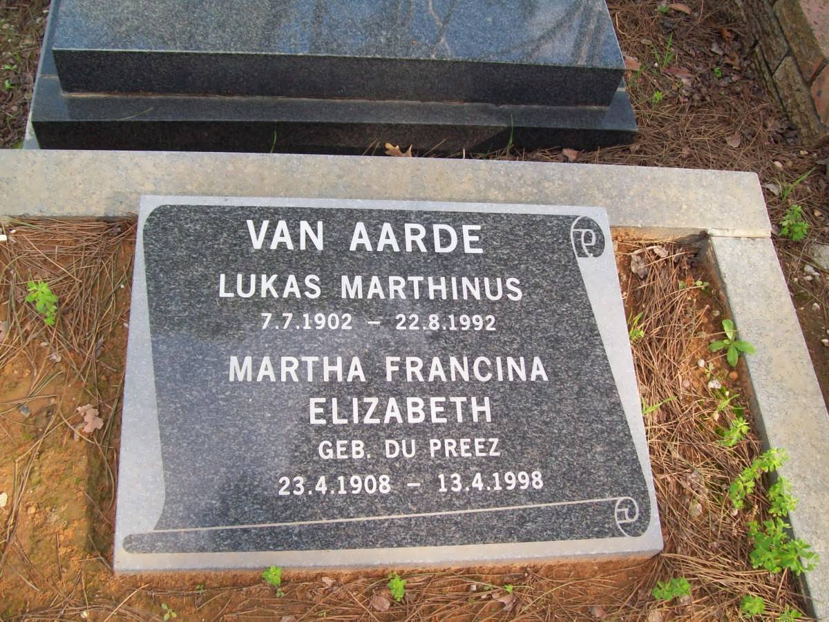 AARDE Lukas Marthinus, van 1902-1992 &amp; Martha Francina Elizabeth DU PREEZ 1908-1998