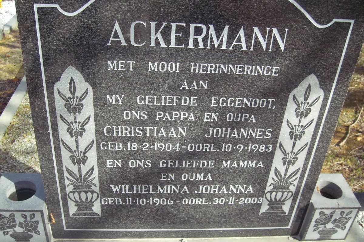 ACKERMANN Christaan Johannes 1904-1983 &amp; Wilhelmina Johanna 1906-2003