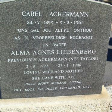 ACKERMANN Carel 1899-1961 :: LEIBENBERG Alma Agnes previously ACKERMANN nee TAYLOR 1922-1996