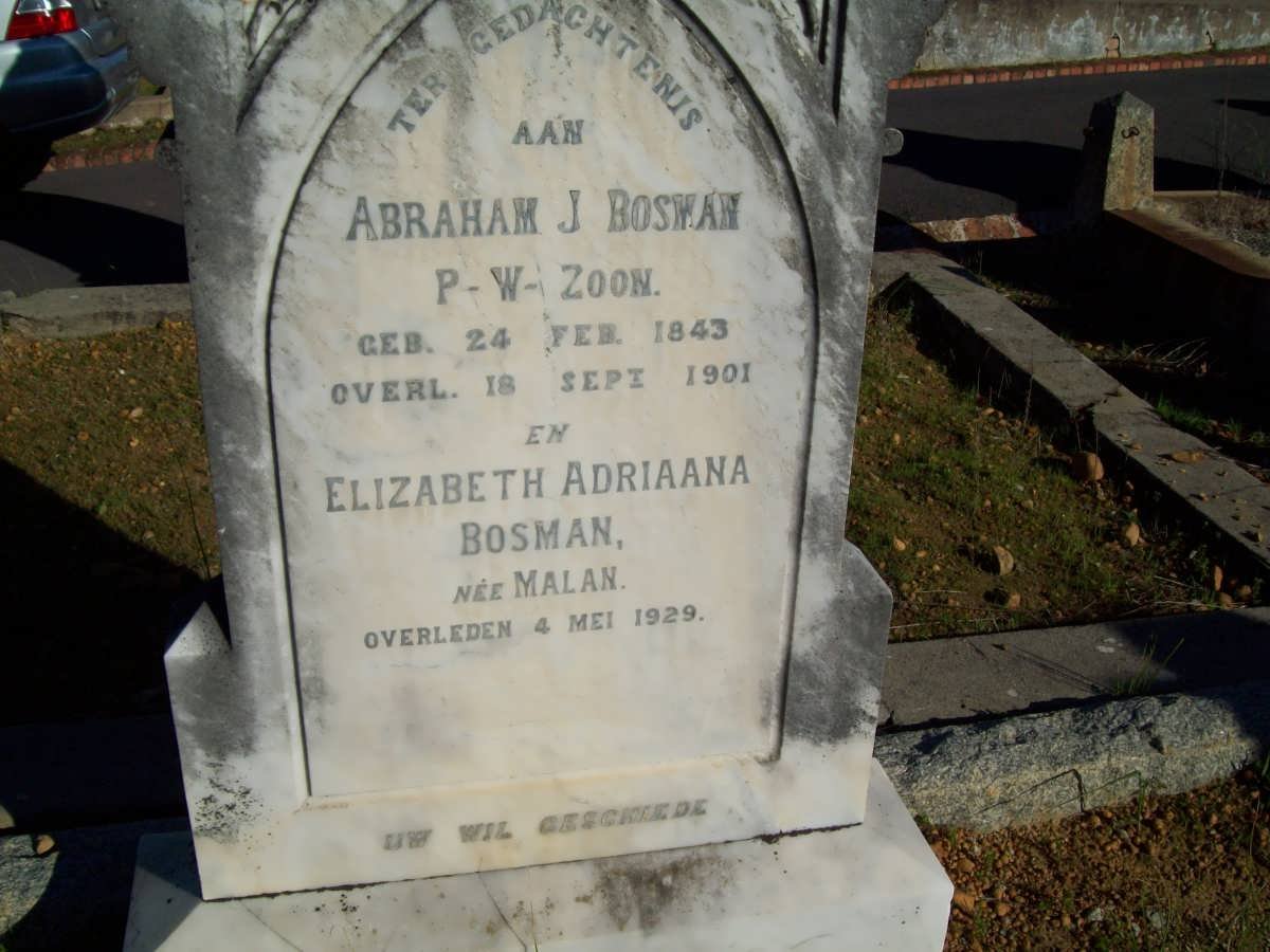 BOSMAN Abraham J. 1843-1901 &amp; Elizabeth Adriaana MALAN -1929