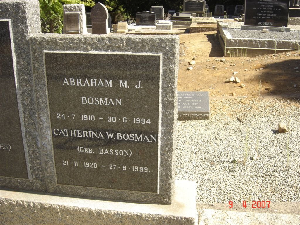 BOSMAN Abraham M.J. 1910-1994 &amp; Catherina W. BASSON 1920-1999