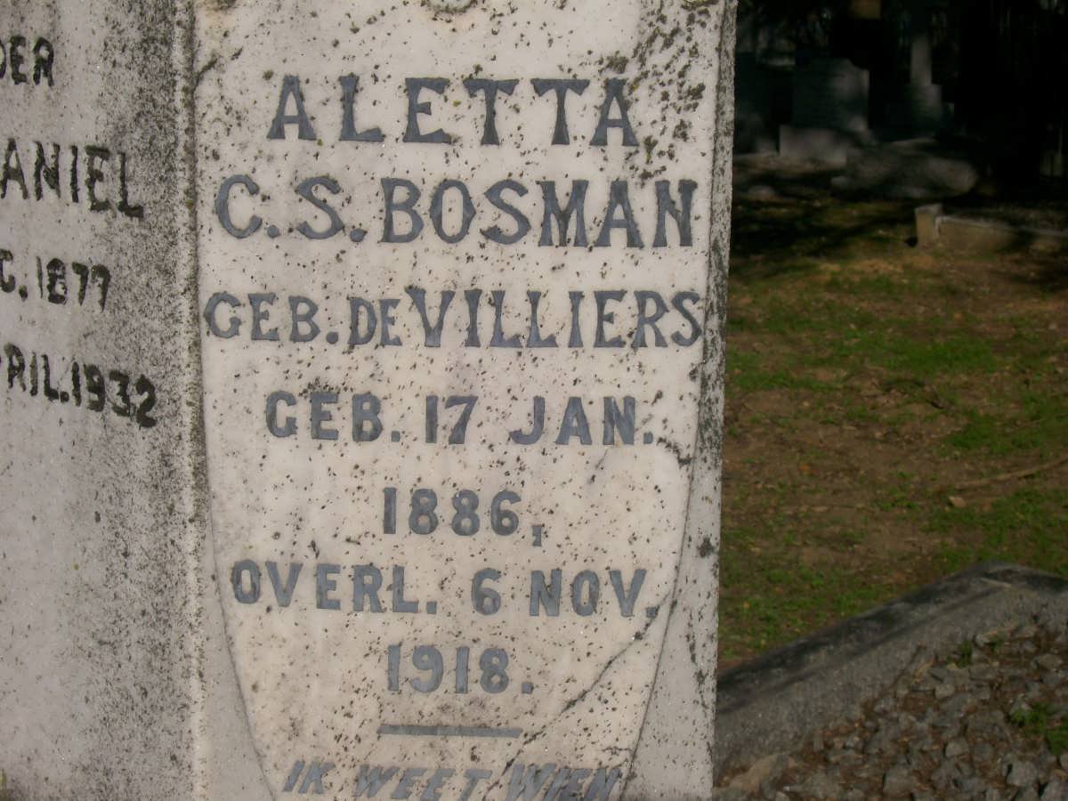 BOSMAN Aletta C.S. nee DE VILLIERS 1886-1918