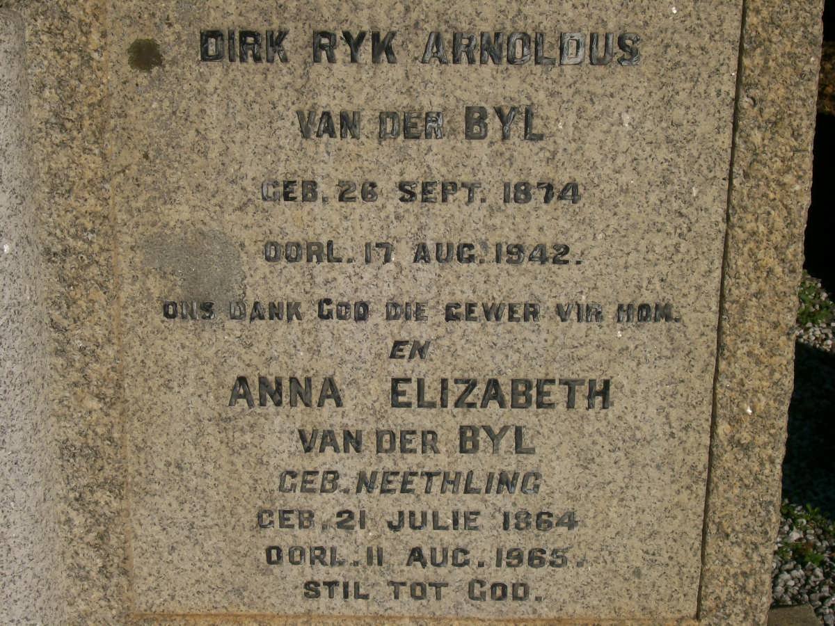 BYL Dirk Ryk Arnoldus, van der 1874-1942 :: VAN DER BYL  Anna Elizabeth nee NEETHLING 1864-1965