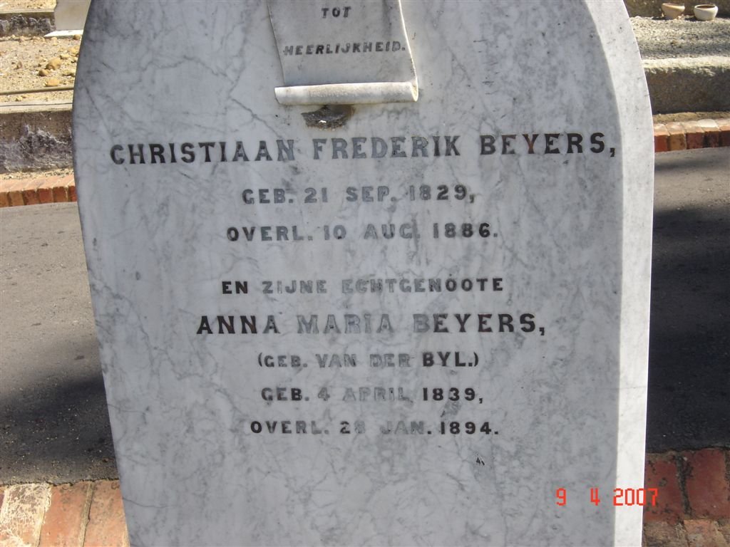 BEYERS Christiaan Frederik 1829-1886 &amp; Anna Maria VAN DER BYL 1839-1894