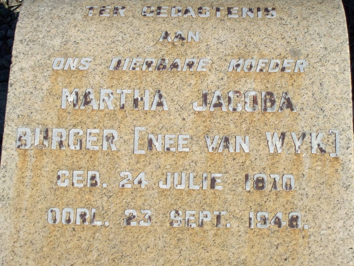 BURGER Martha Jacoba nee VAN WYK 1870-1948