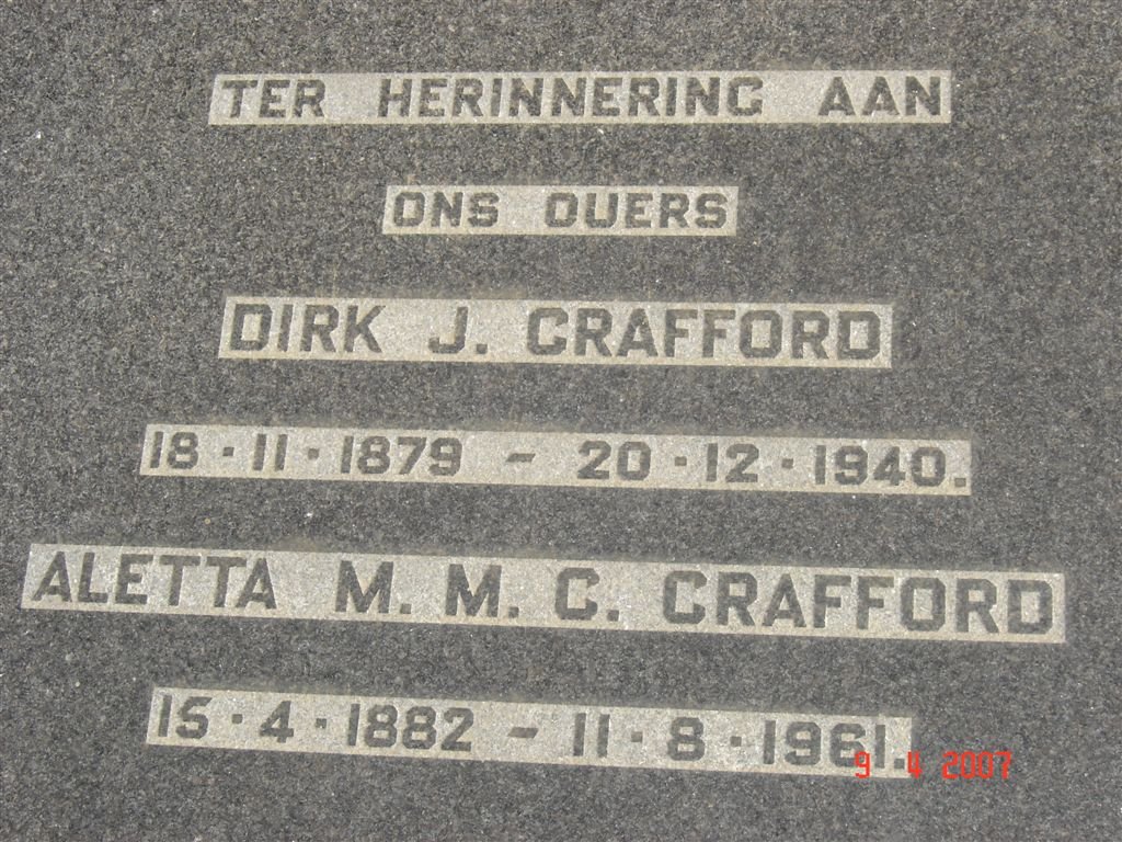 CRAFFORD Dirk J. 1879-1940 &amp; Aletta M.M.C. 1882-1961
