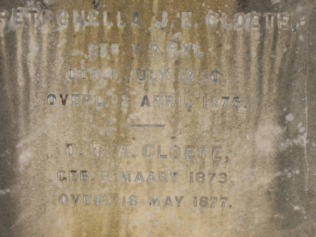 CLOETE Petronella J.E. nee V.D. BYL 1850-1875 :: CLOETE D.R.A. 1873-1877