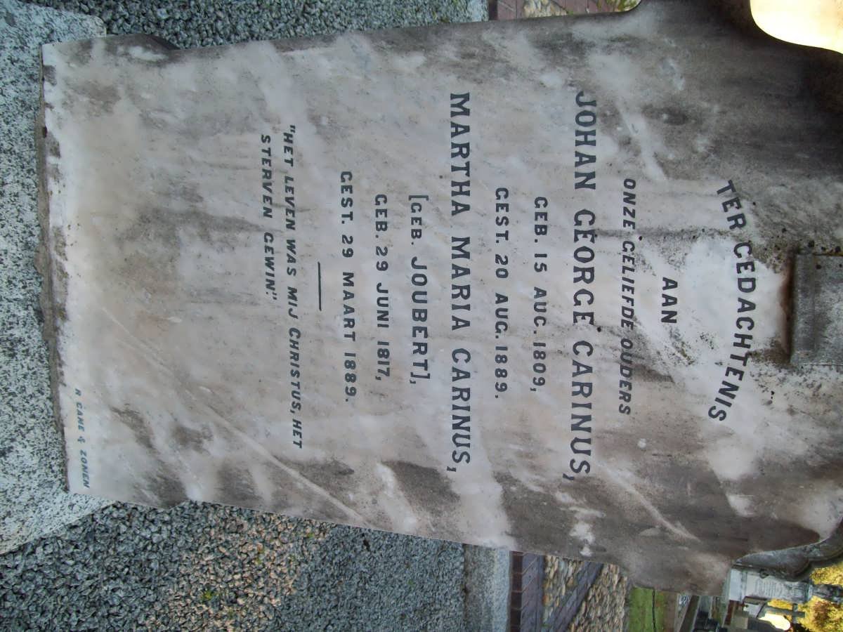 CARINUS Johan George 1809-1889 &amp; Martha Maria JOUBERT 1817-1889