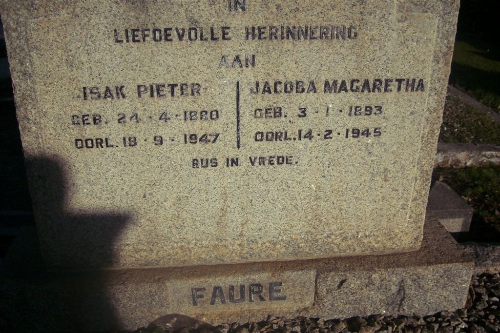FAURE Isak Pieter 1880-1947 &amp; Jacoba Magaretha 1893-1945