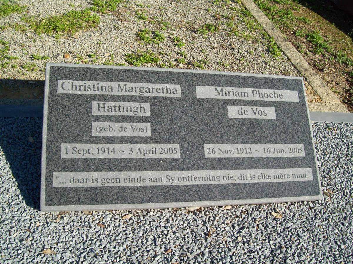 HATTINGH Christina Margaretha nee DE VOS 1914-2005 :: DE VOS Miriam Phoebe 1912-2005