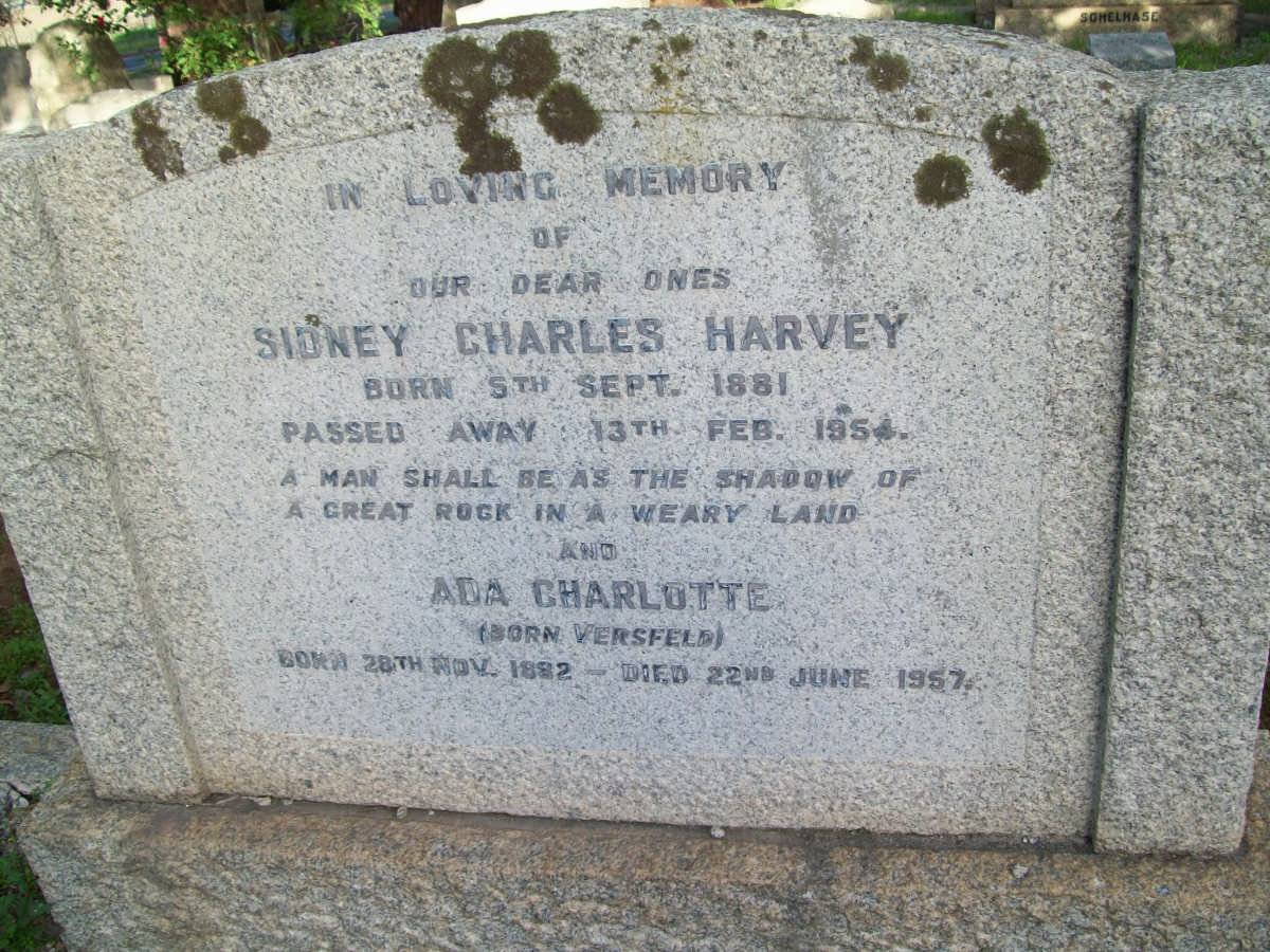HARVEY Sidney Charles 1881-1954 &amp; Ada Charlotte VERSFELD 1882-1957