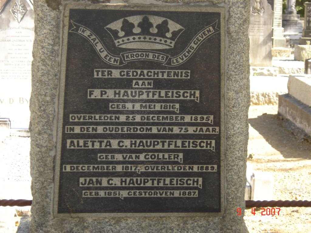 HAUPTFLEISCH F.P. 1816-1895 &amp; Aletta C. VAN COLLER 1817-1889 :: HAUPTFLEISCH Jan C. 1851-1887