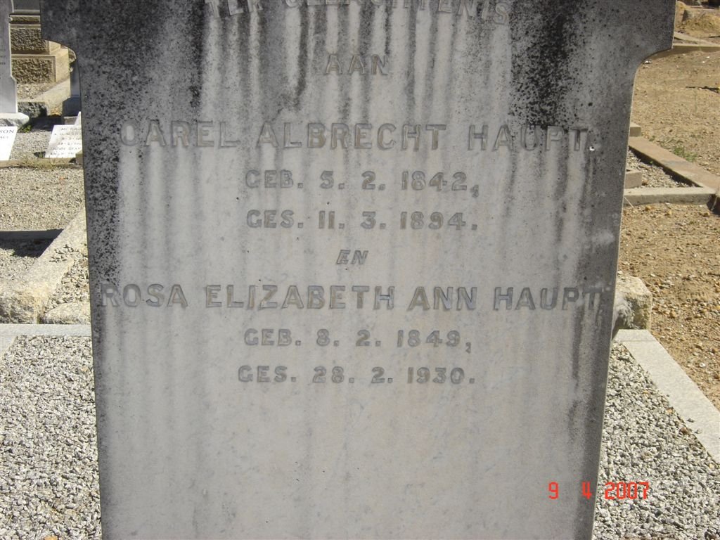 HAUPT Carel Albrecht 1842-1894 &amp; Rosa Elizabeth Ann 1849-1930