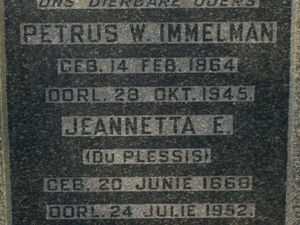 IMMELMAN Petrus W. 1864-1945 &amp; Jeannetta E. DU PLESSIS 1868-1952