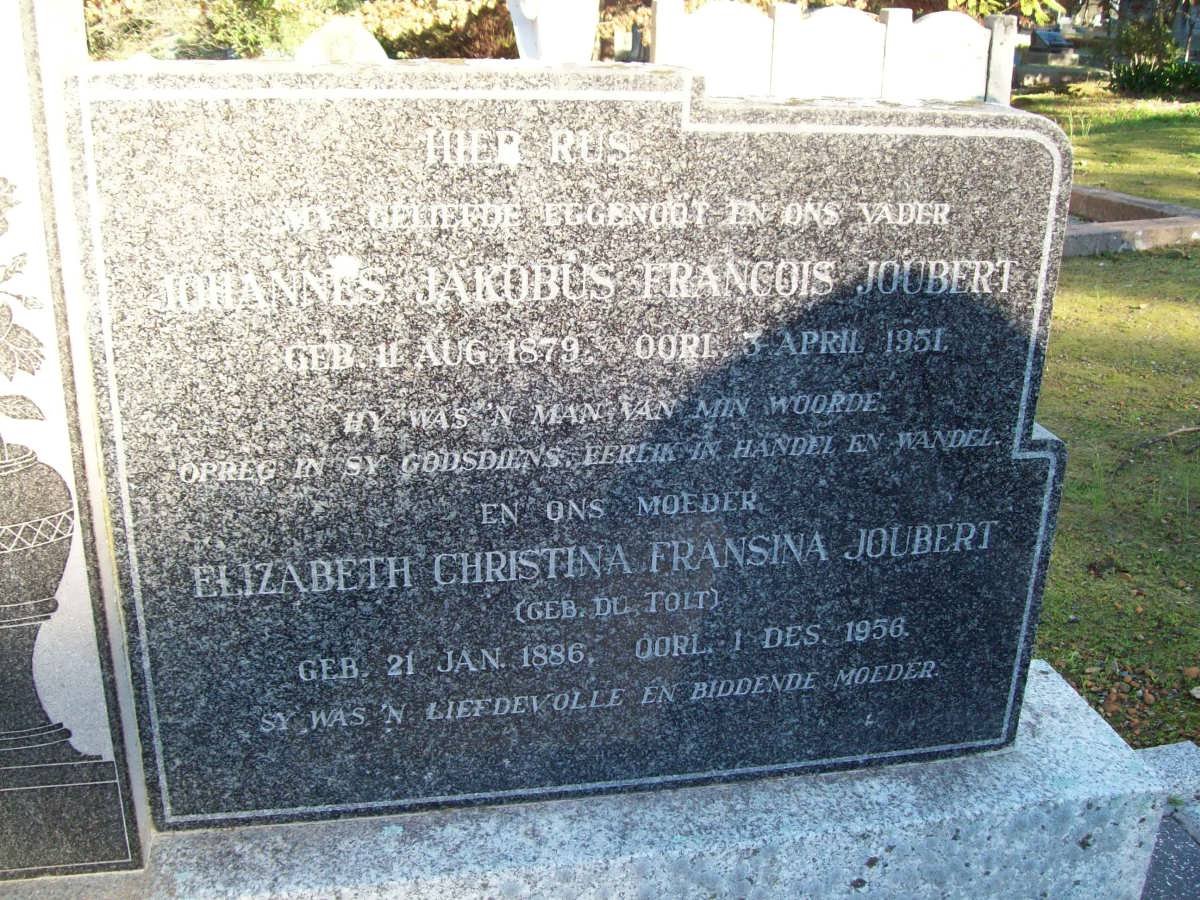 JOUBERT Johannes Jakobus Francois 1879-1951 &amp; Elizabeth Christina Fransina DU TOIT 1886-1956
