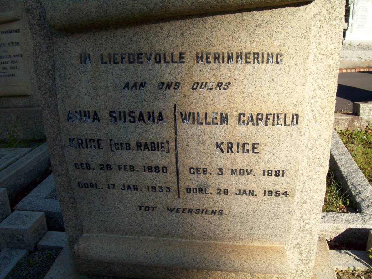 KRIGE Willem Garfield 1881-1954 &amp; Anna Susanna RABIE 1880-1933