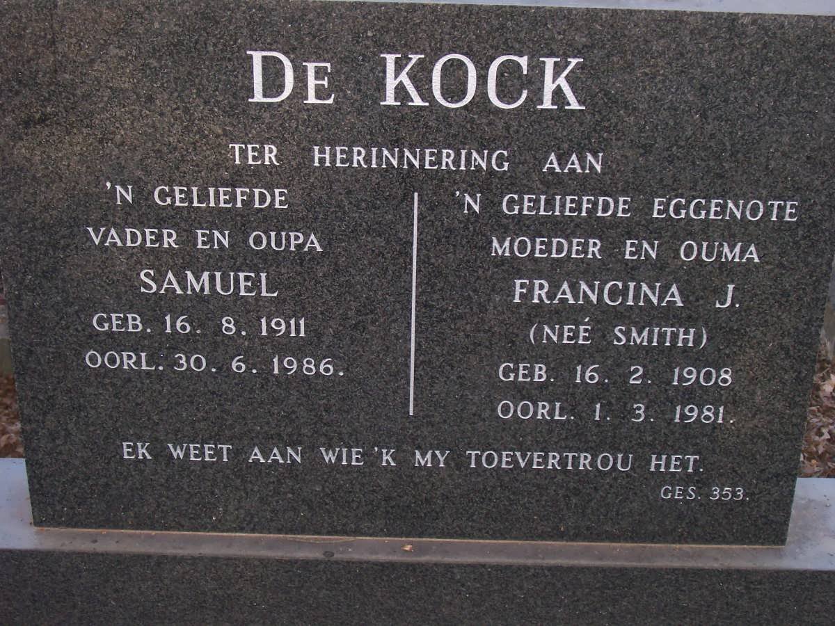 KOCK Samuel, de 1911-1986 &amp; Francina J. SMITH 1908-1981