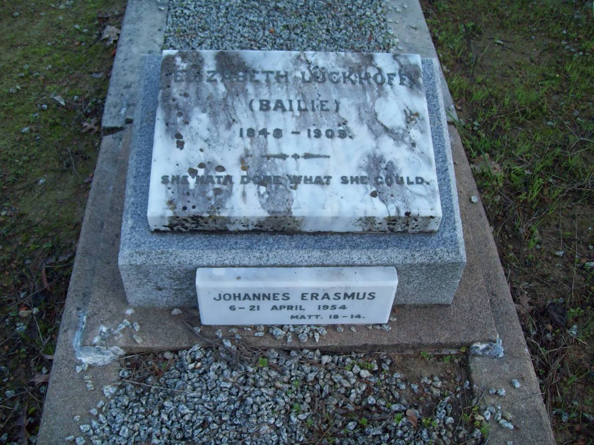 LUCKHOFF Elizabeth nee BAILIE 1848-1909 :: ERASMUS Johannes 1954-1954