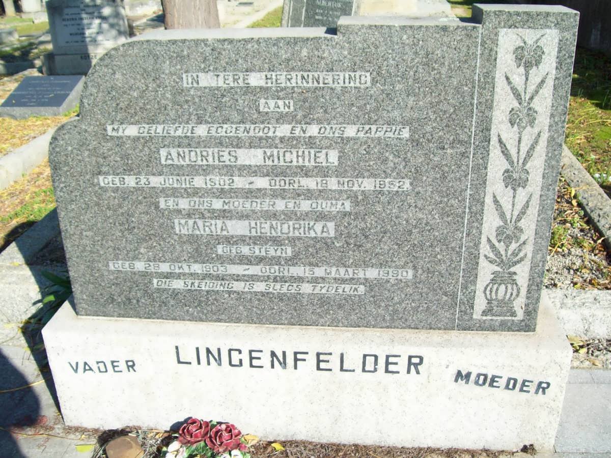 LINGENFELDER Andries Michiel 1902-1952 &amp; Maria Hendrika STEYN 1903-1990