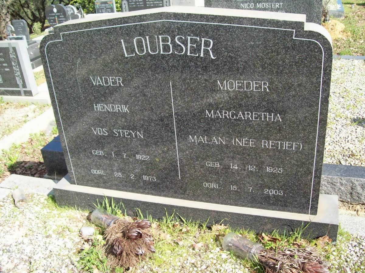 LOUBSER Hendrik Vos Steyn 1922-1973 &amp; Margaretha MALAN nee RETIEF 1925-2003