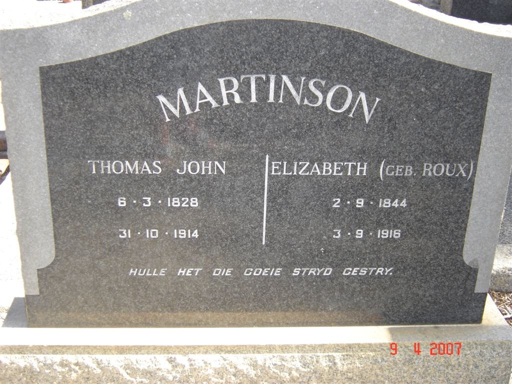 MARTINSON Thomas John 1828-1914 &amp; Elizabeth ROUX 1844-1916