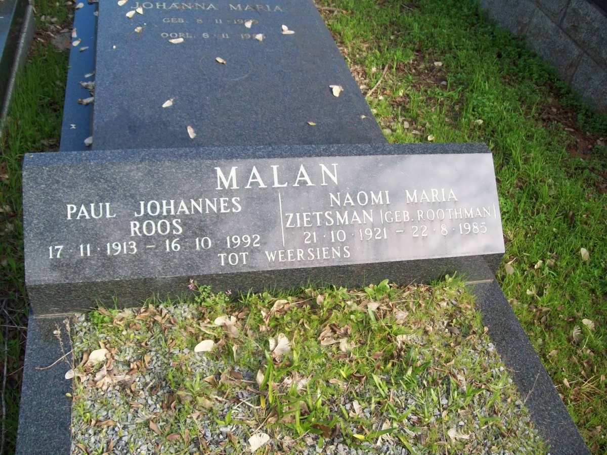 MALAN Paul Johannes Roos 1913-1992 &amp; Naomi Maria Zietssman ROOTHMAN 1921-1985