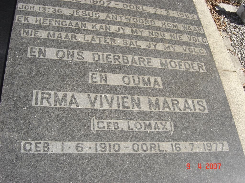 MARAIS Irma Vivien, nee LOMAX 1910-1977
