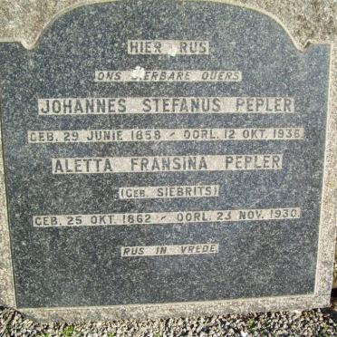 PEPLER Johannes Stefanus 1858-1936 &amp; Aletta Fransina SIEBRITS 1862-1930