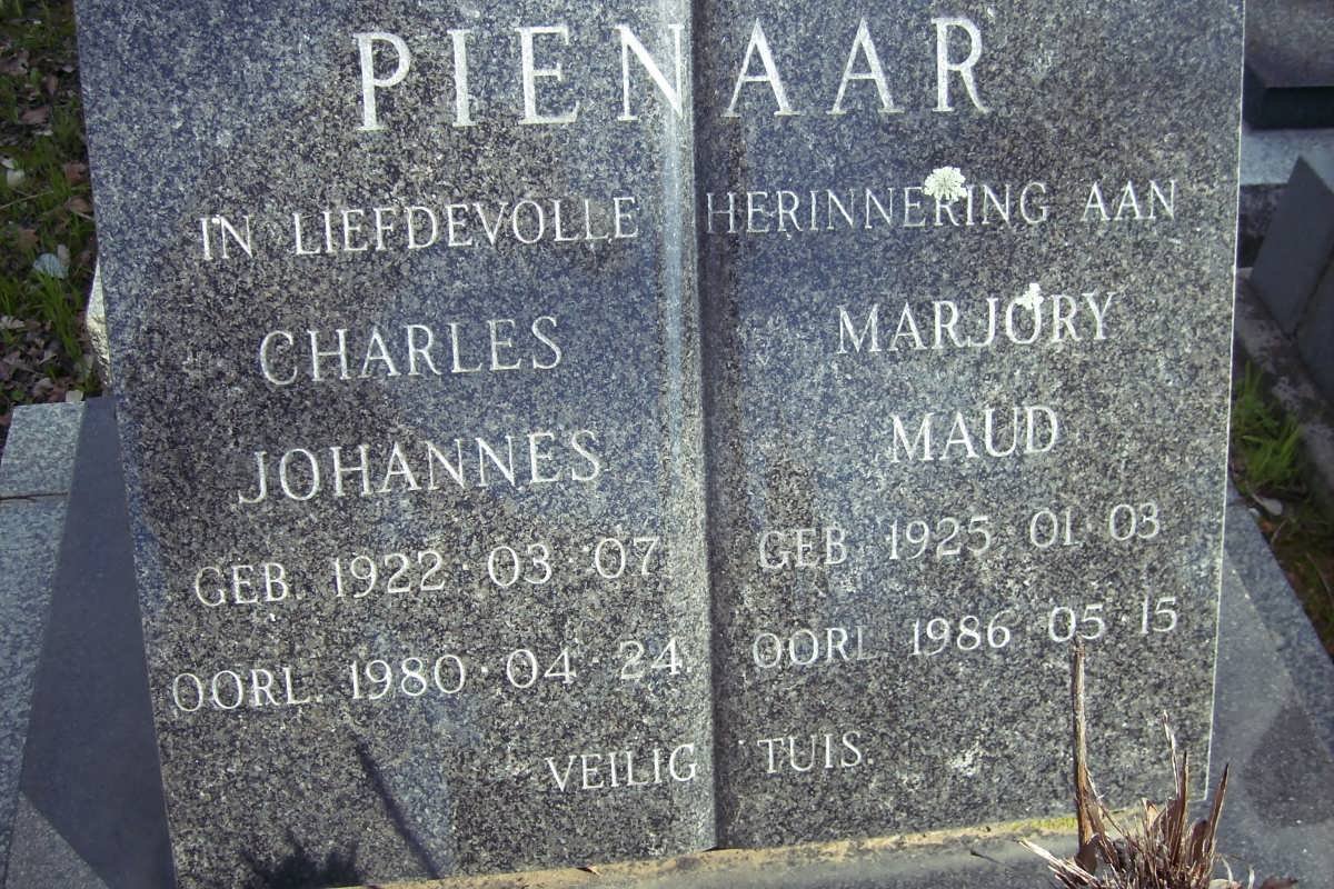 PIENAAR Charles Johannes 1922-1980 &amp; Marjory Maud 1925-1986