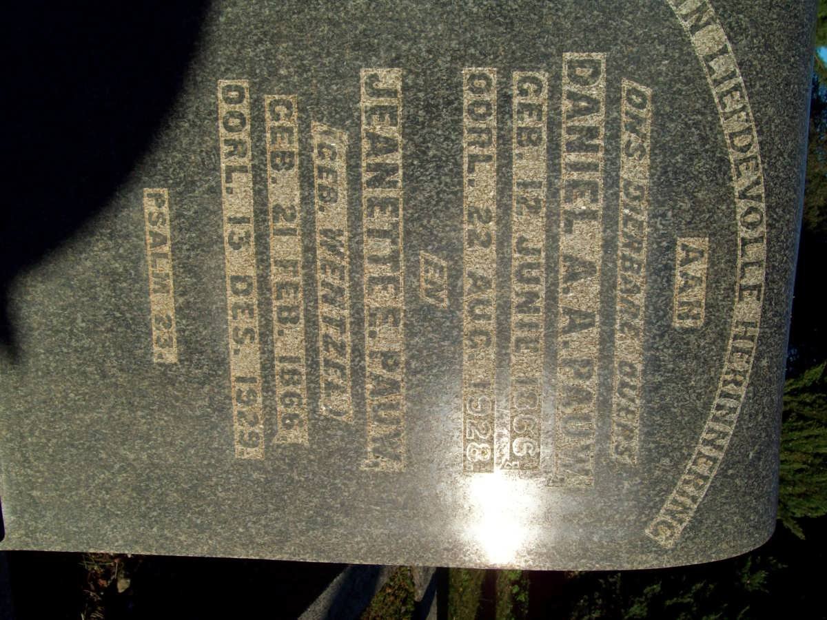 PAUW Daniel A.A. 1866-1928 &amp; Jeanette E. WENTZEL 1866-1929
