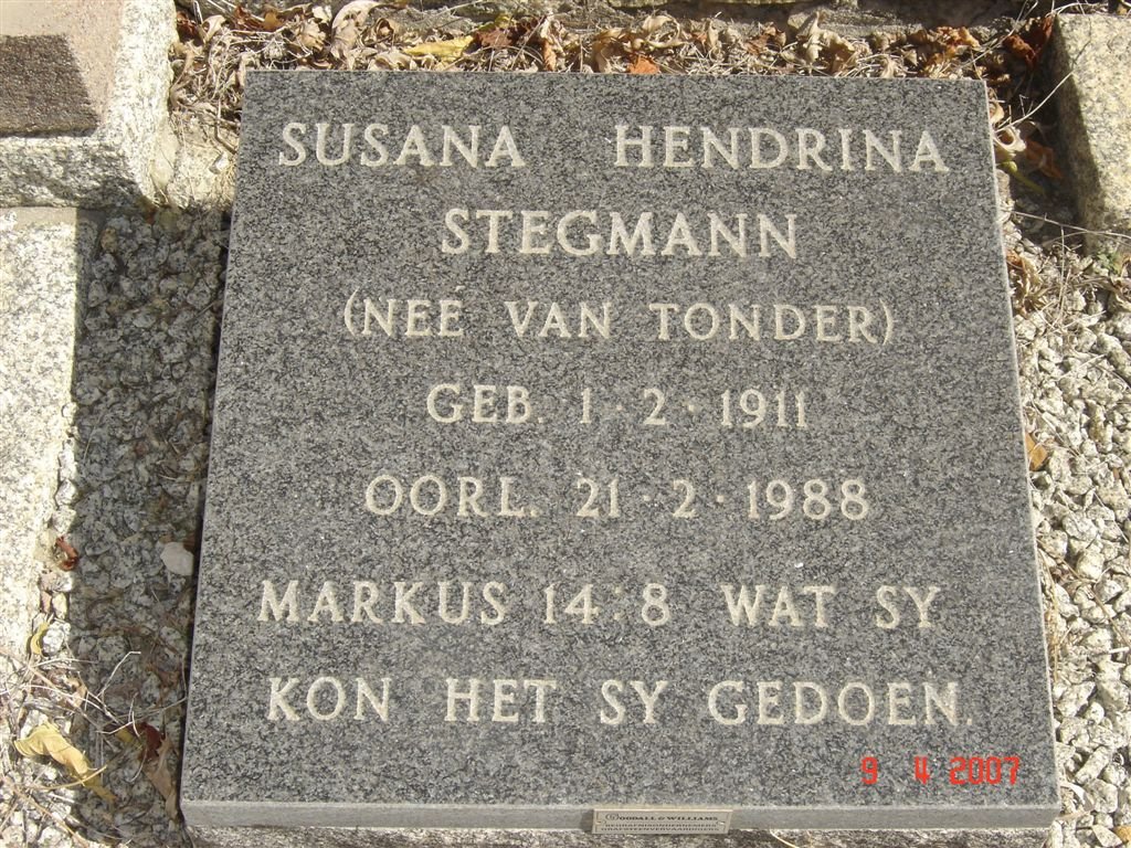 STEGMANN Susana Hendrina nee VAN TONDER 1911-1988