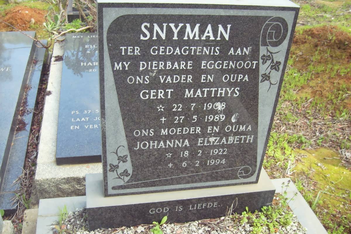 SNYMAN Gert Matthys 1908-1989 &amp; Johanna Elizabeth 1922-1994